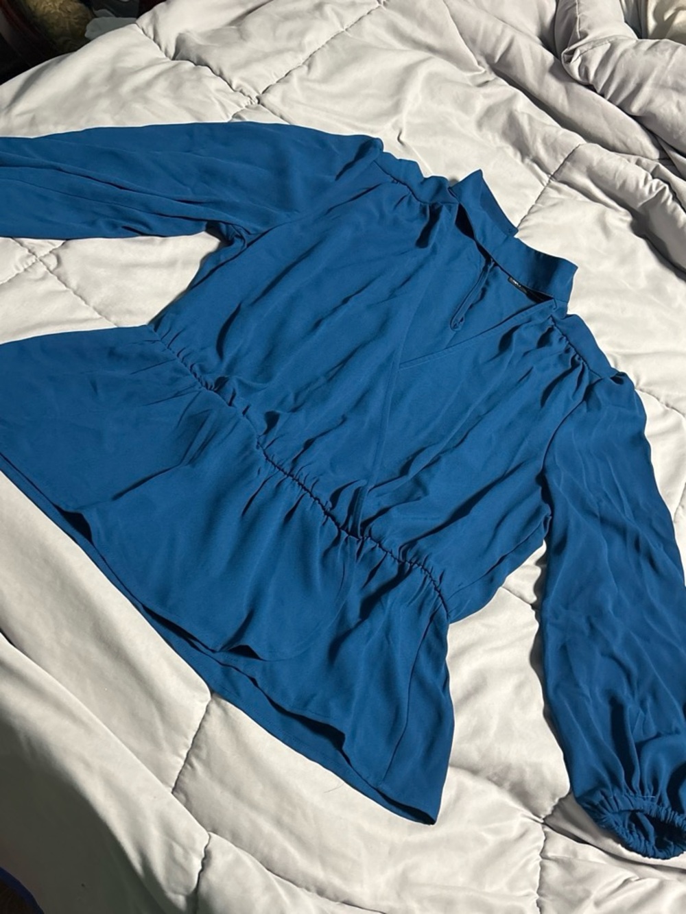 New York & Company Cobalt Blue Long Sleeve Peplum Blouse